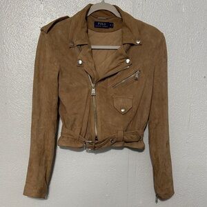 Polo Ralph Lauren Goat Suede Leather Moto Biker Jacket  Camel Tan Cropped Belted